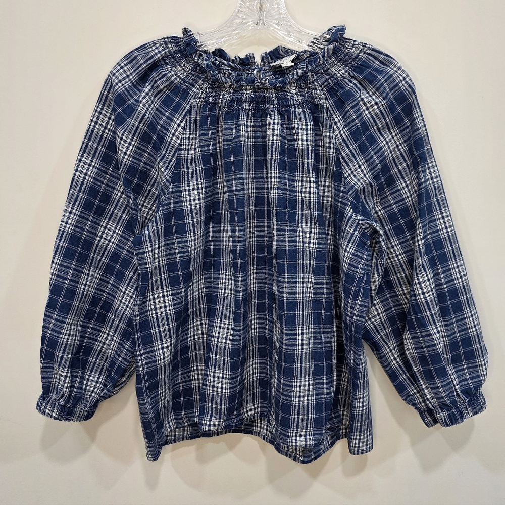 J. Crew Medium Smocked Top Blouse Blue & White Plaid Balloon Sleeve  Cotton